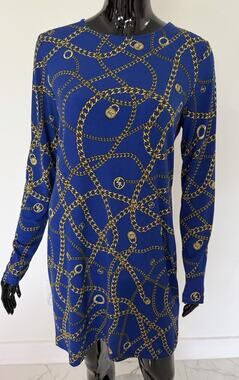 MICHAEL Michael Kors blue and gold chain-print long-sleeve dress-Medium